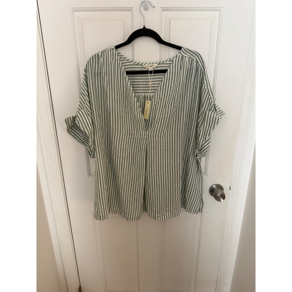 Max Studio London Green White Striped V-Neck Blouse 2X NWT